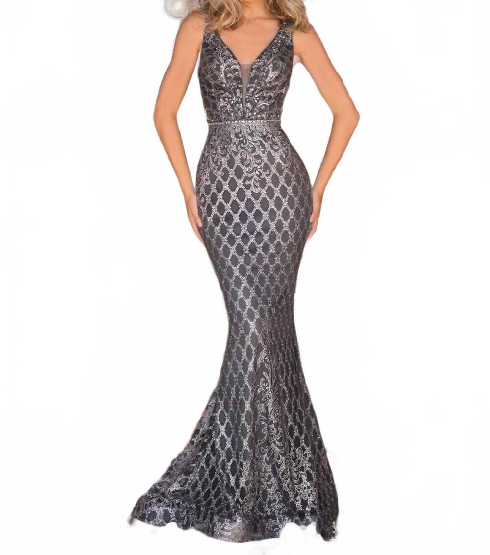 NEW CLARISSE v-neckline bedazzled trumpet evening dress in gunmetal